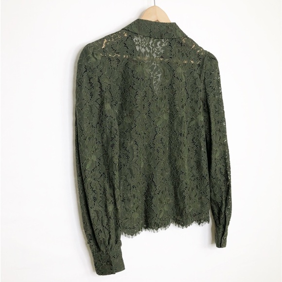 L’AGENCE Olive green, sheer lace, button-down puff sleeve shirt - Picture 11 of 12